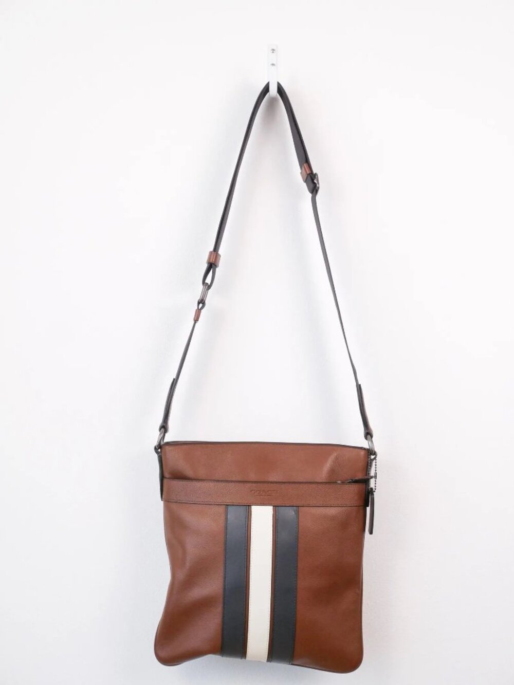 Coach Brown Pebbled Leather Charles Varsity Striped Crossbody Bag